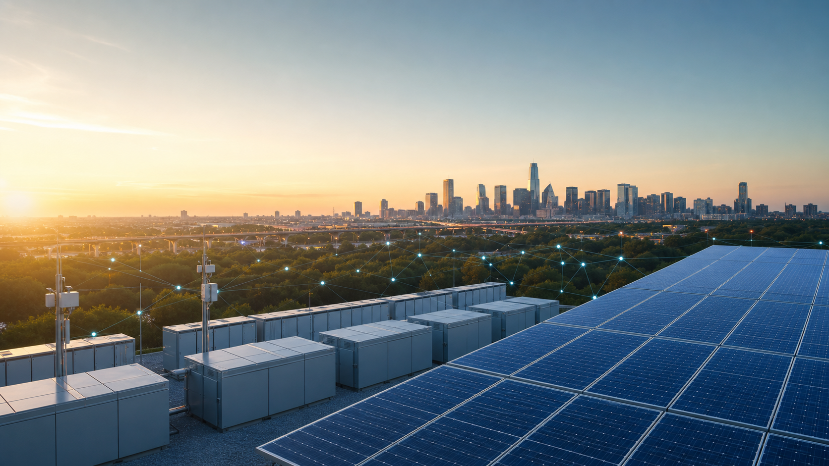 Solar panels, battery storage, and digital grid telemetry at sunrise